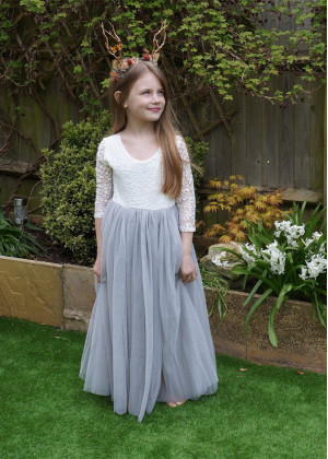 Ivory Lace Gray Tulle Cheap Flower Girl Dress